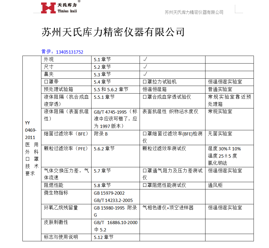 YY0469-2011口罩檢測標(biāo)準(zhǔn)對(duì)應(yīng)設(shè)備